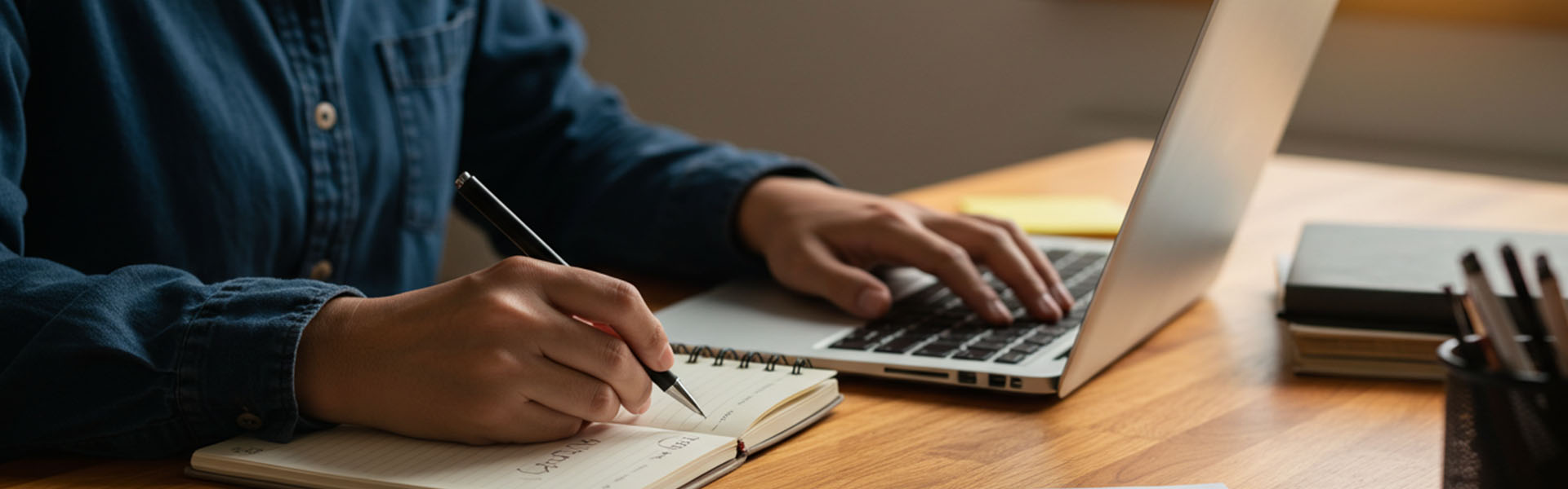 Manos trabajando en una computadora, con papeles en el escritorio. 