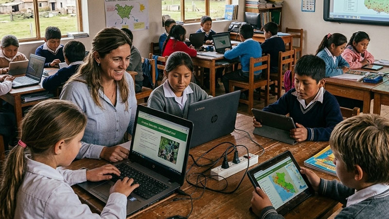 Escuela rural con una maestra y niños trabajando en computadoras
